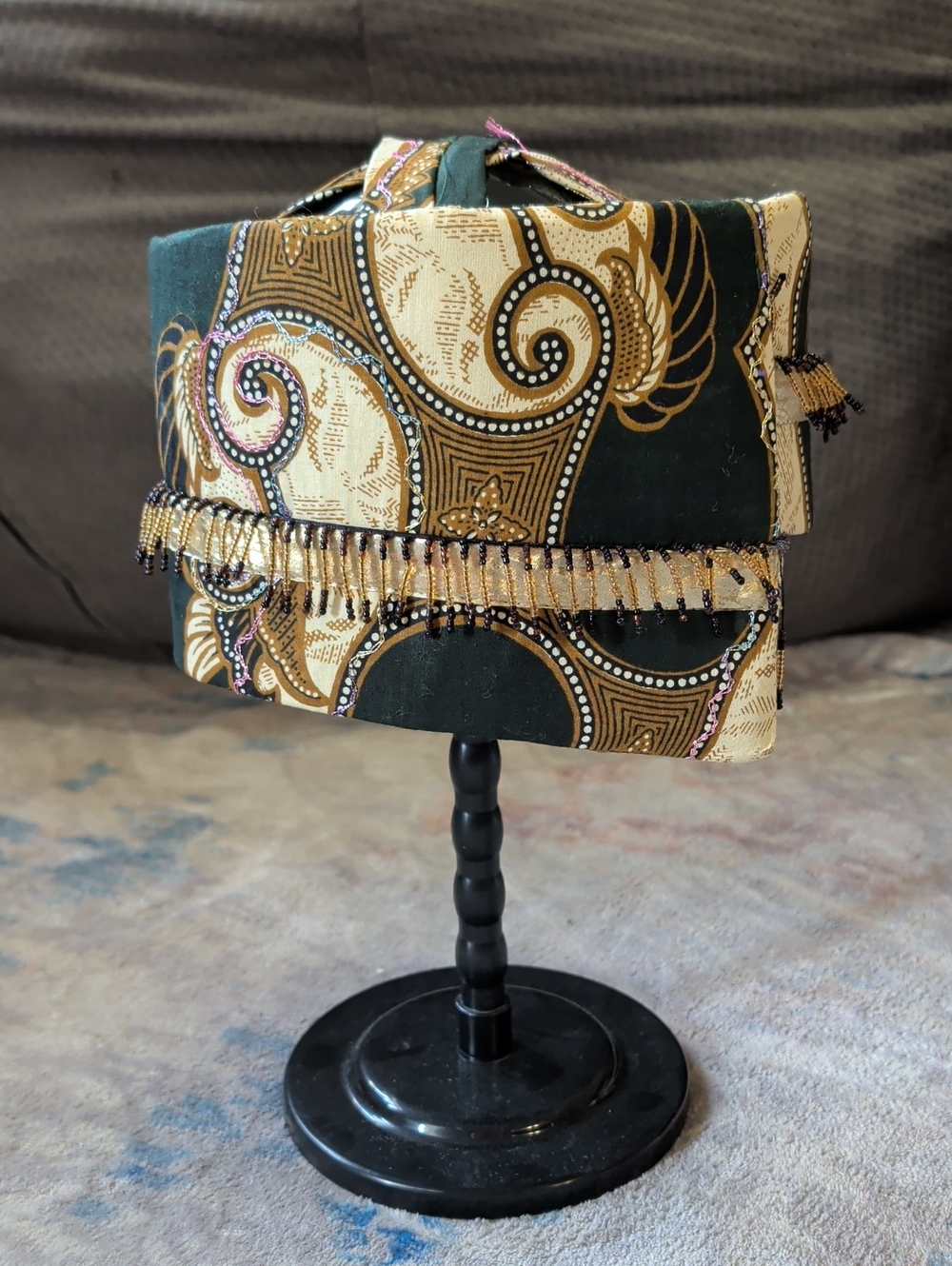 Tribal Decorative Beaded Fabric Hat - Green and Gold